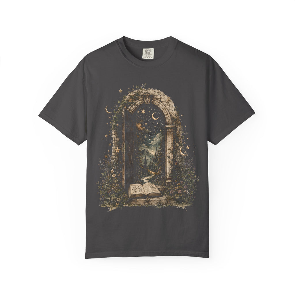 Mystic Portal T-Shirt — Moonlit Forest & Open Book Graphic