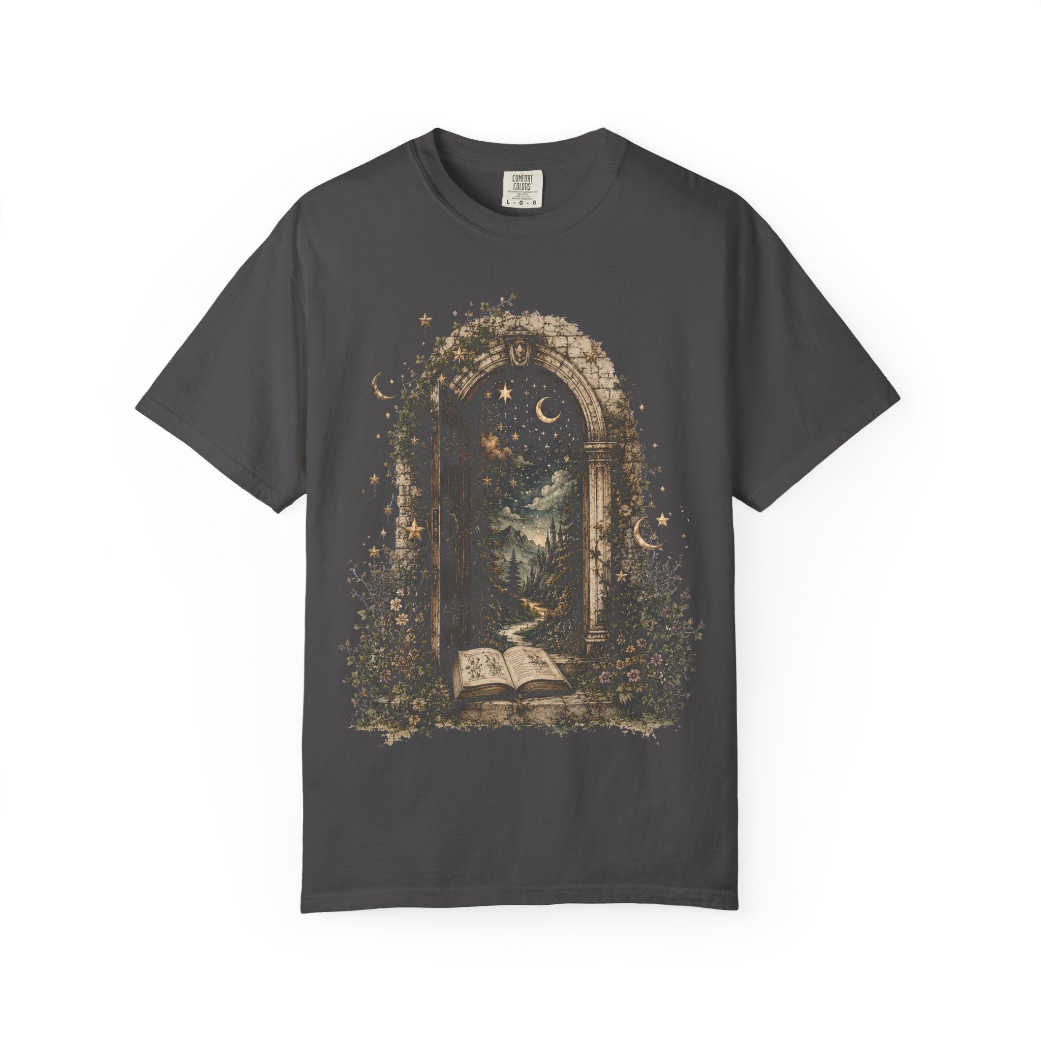 Mystic Portal T-Shirt — Moonlit Forest & Open Book Graphic