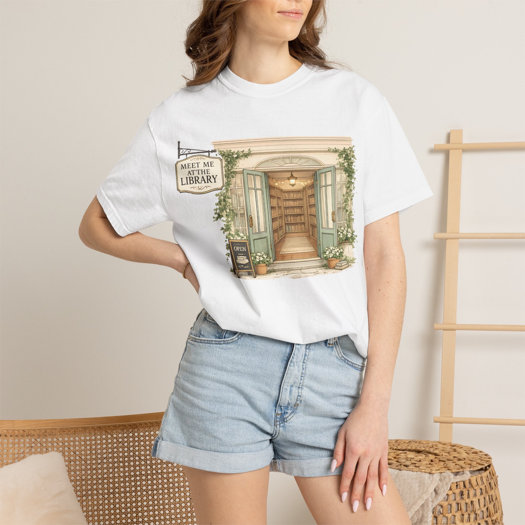 Meet Me at the Library T-Shirt — Cozy Bookshop Illustration Tee