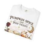 Pumpkin Spice and Plot Twists T-Shirt: Vintage Autumn Flatlay Graphic Tee