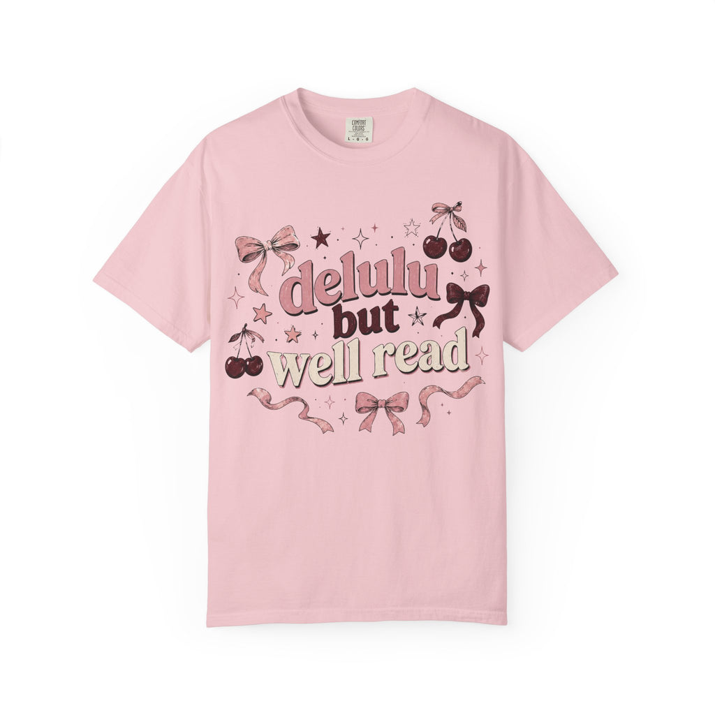 T-Shirt — “Delulu But Well Read” Cute Cherry & Bow Graphic Tee