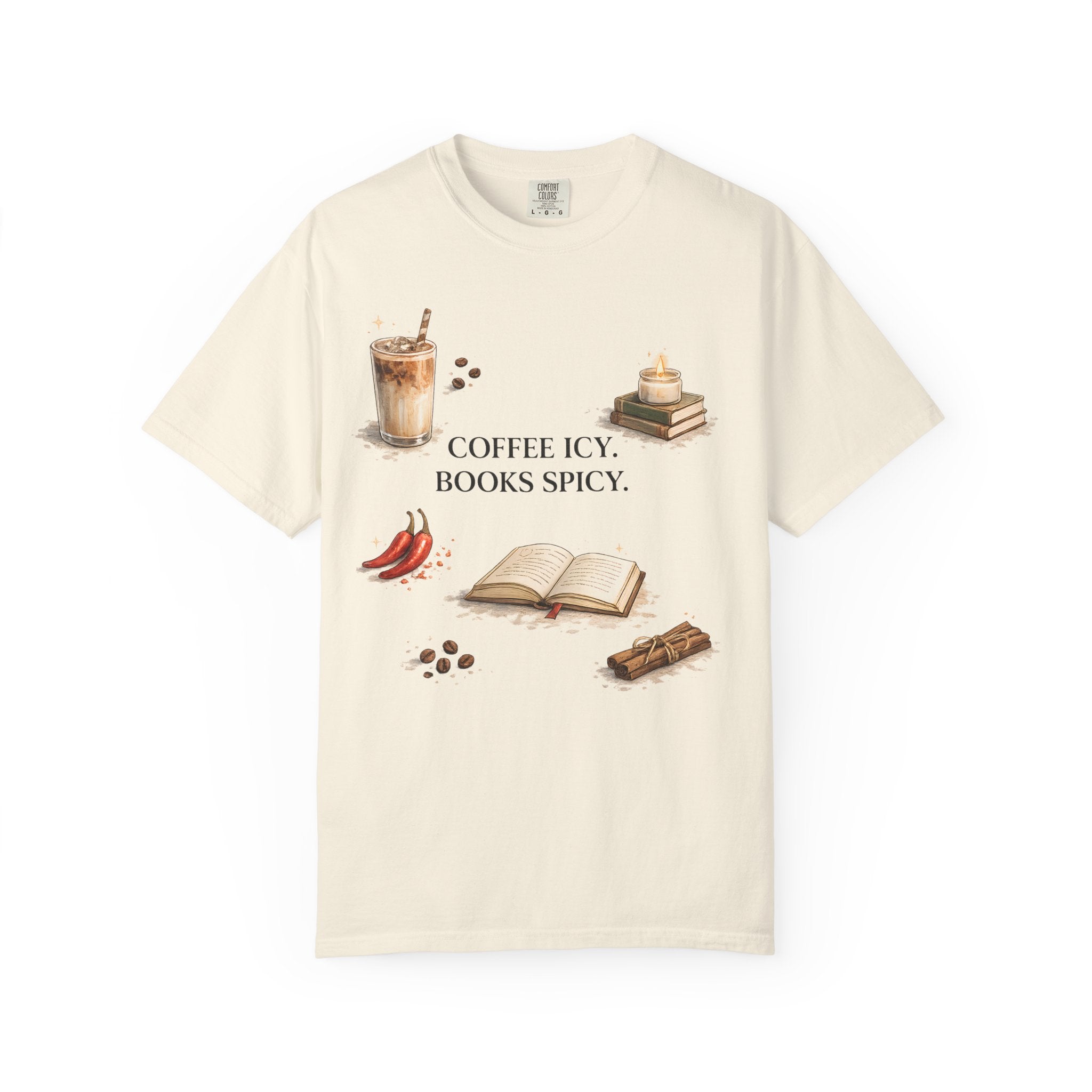 Coffee Icy, Books Spicy T-Shirt — Literary Coffee Lover Tee