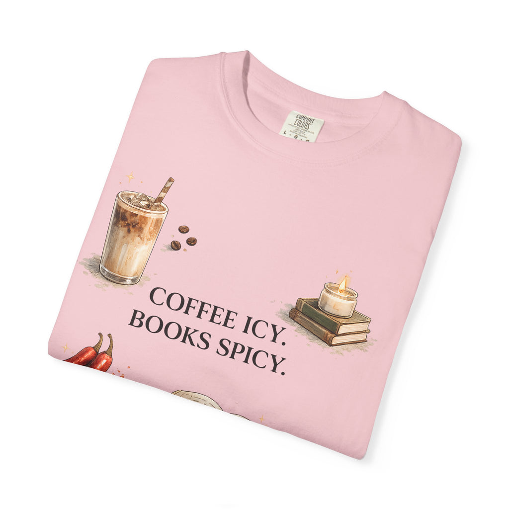 Coffee Icy, Books Spicy T-Shirt — Literary Coffee Lover Tee