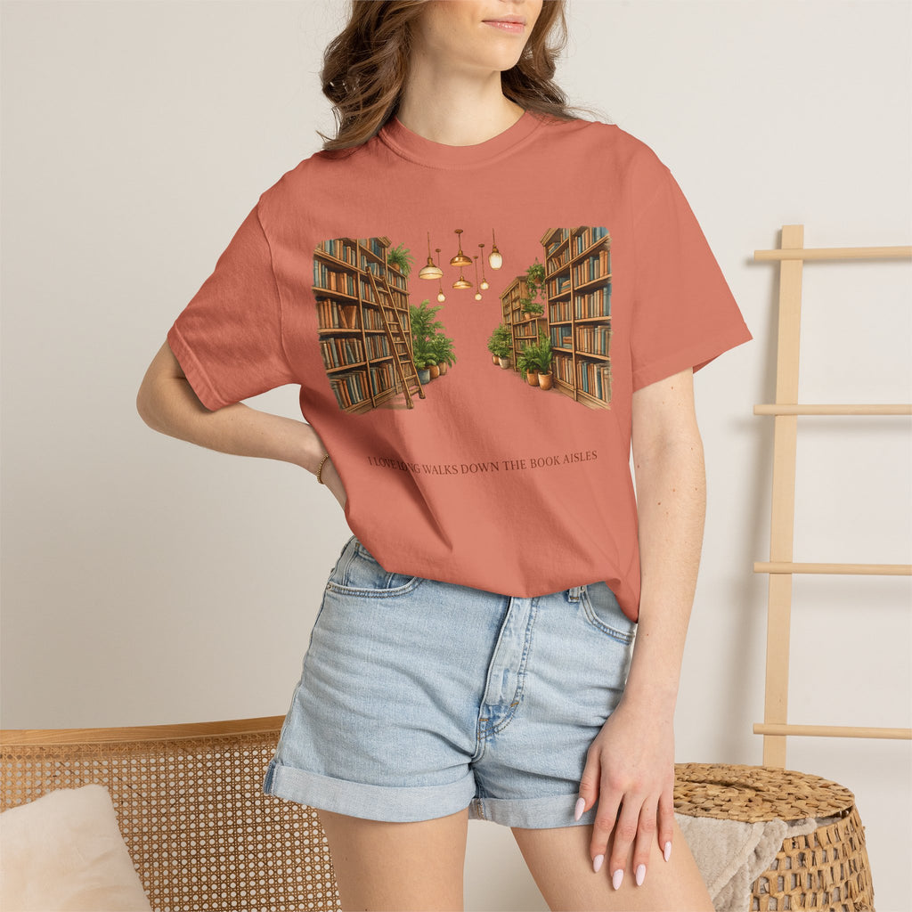 Book Nook T-Shirt — 'I Long Long Walk Down The Book Aisles' Literary Tee
