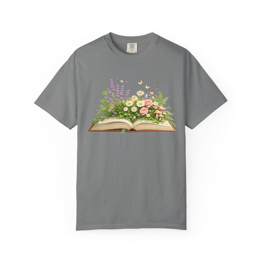 Floral Open Book T-Shirt — Botanical Reading Tee for Gardeners & Book Lovers