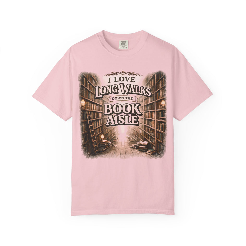 T-Shirt — "I Love Long Walks Down the Book Aisle" Literary Graphic Tee