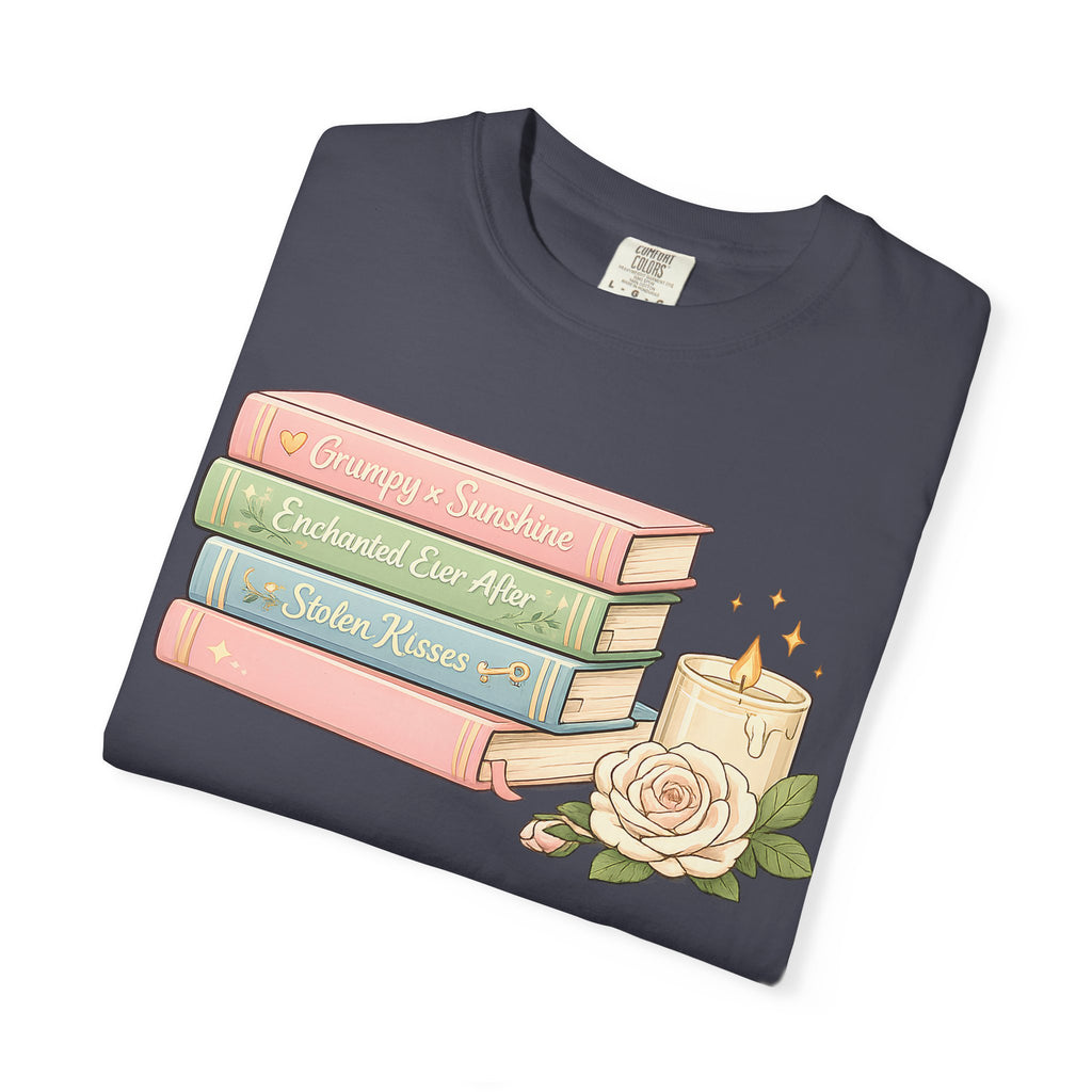 Cozy Bookstack Tee — Pastel Books, Candle & Rose Graphic T‑Shirt
