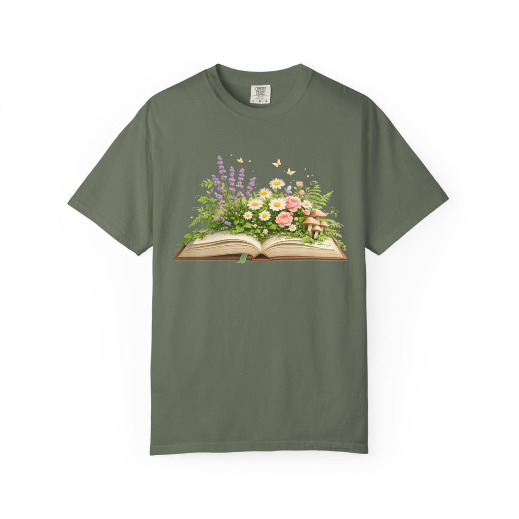 Floral Open Book T-Shirt — Botanical Reading Tee for Gardeners & Book Lovers