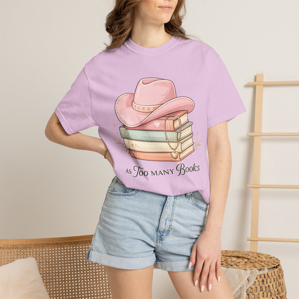 Cowgirl Booklover T-Shirt — "As Too Many Books" Stack with Pink Cowboy Hat