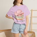 Cowgirl Booklover T-Shirt — "As Too Many Books" Stack with Pink Cowboy Hat