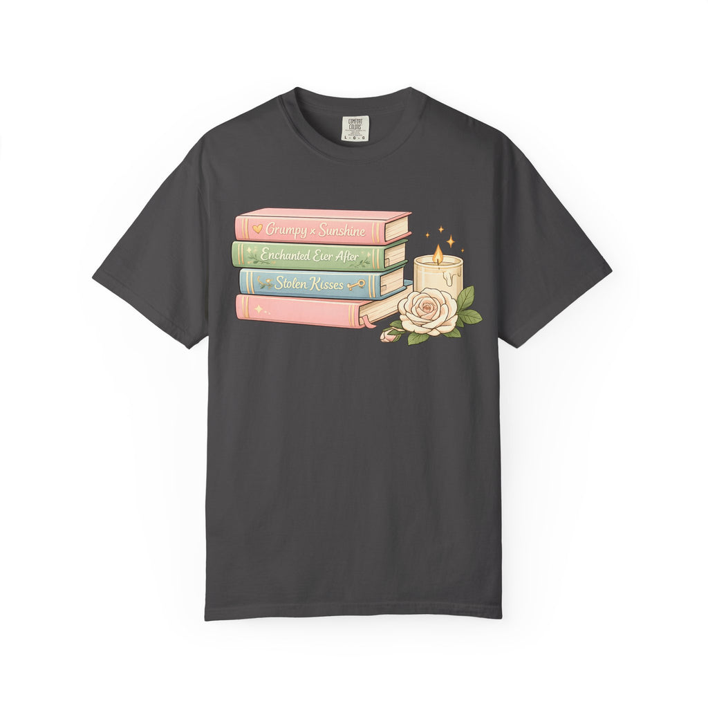 Cozy Bookstack Tee — Pastel Books, Candle & Rose Graphic T‑Shirt