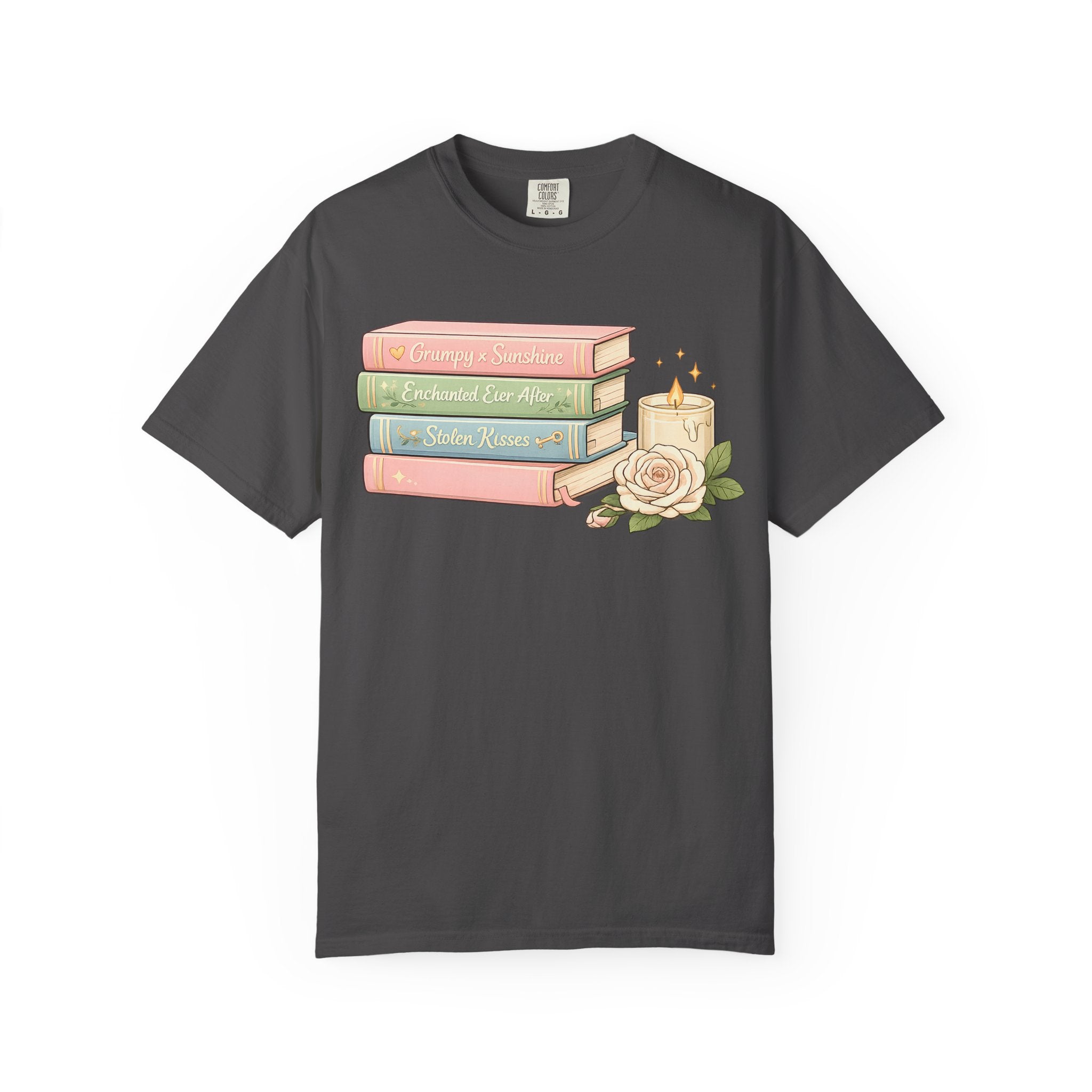 Cozy Bookstack Tee — Pastel Books, Candle & Rose Graphic T‑Shirt