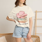 Cowgirl Booklover T-Shirt — "As Too Many Books" Stack with Pink Cowboy Hat