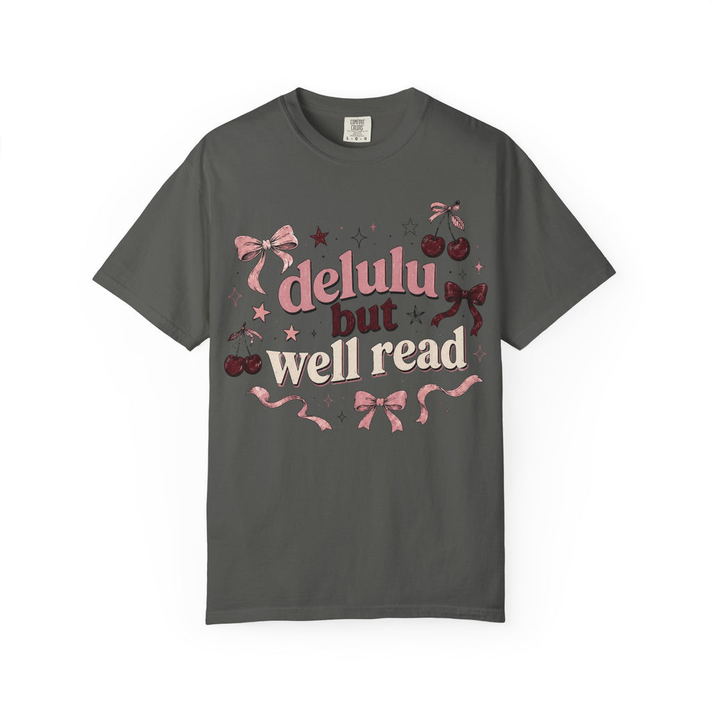 T-Shirt — “Delulu But Well Read” Cute Cherry & Bow Graphic Tee