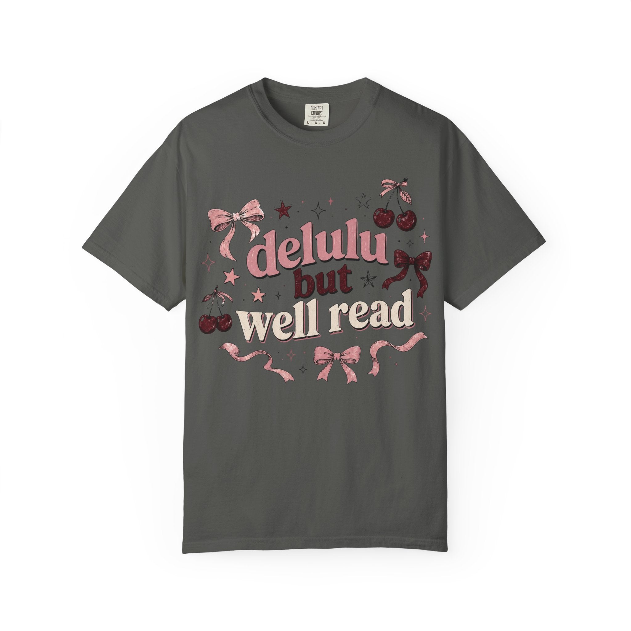 T-Shirt — “Delulu But Well Read” Cute Cherry & Bow Graphic Tee