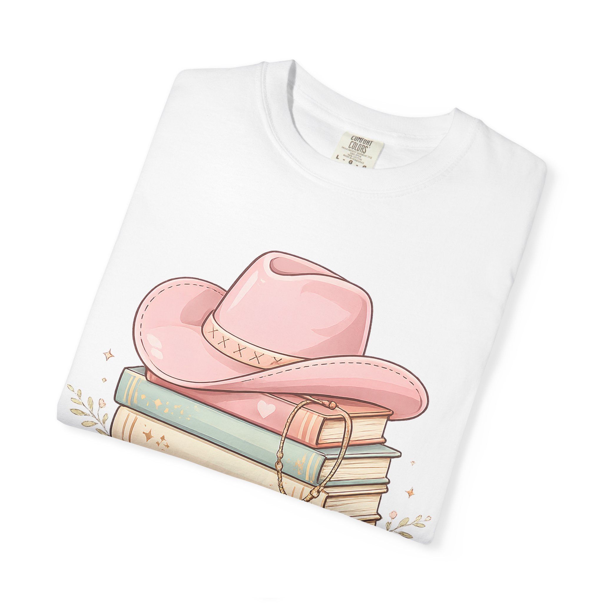 Cowgirl Booklover T-Shirt — "As Too Many Books" Stack with Pink Cowboy Hat
