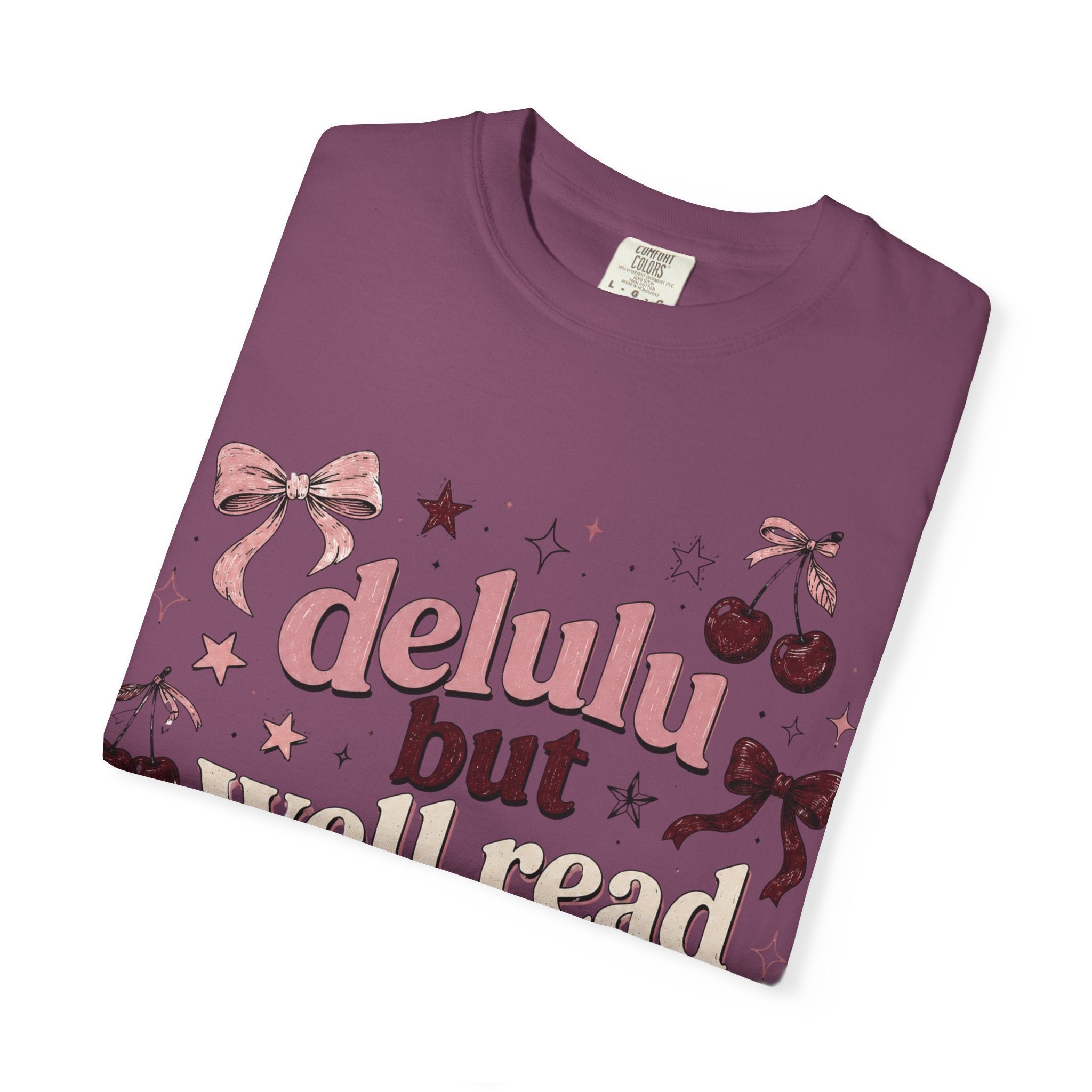 T-Shirt — “Delulu But Well Read” Cute Cherry & Bow Graphic Tee