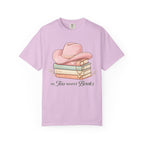 Cowgirl Booklover T-Shirt — "As Too Many Books" Stack with Pink Cowboy Hat