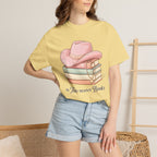 Cowgirl Booklover T-Shirt — "As Too Many Books" Stack with Pink Cowboy Hat