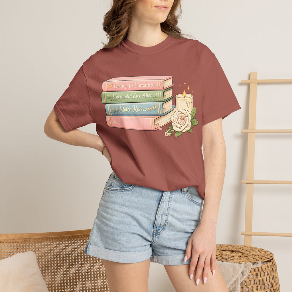 Cozy Bookstack Tee — Pastel Books, Candle & Rose Graphic T‑Shirt