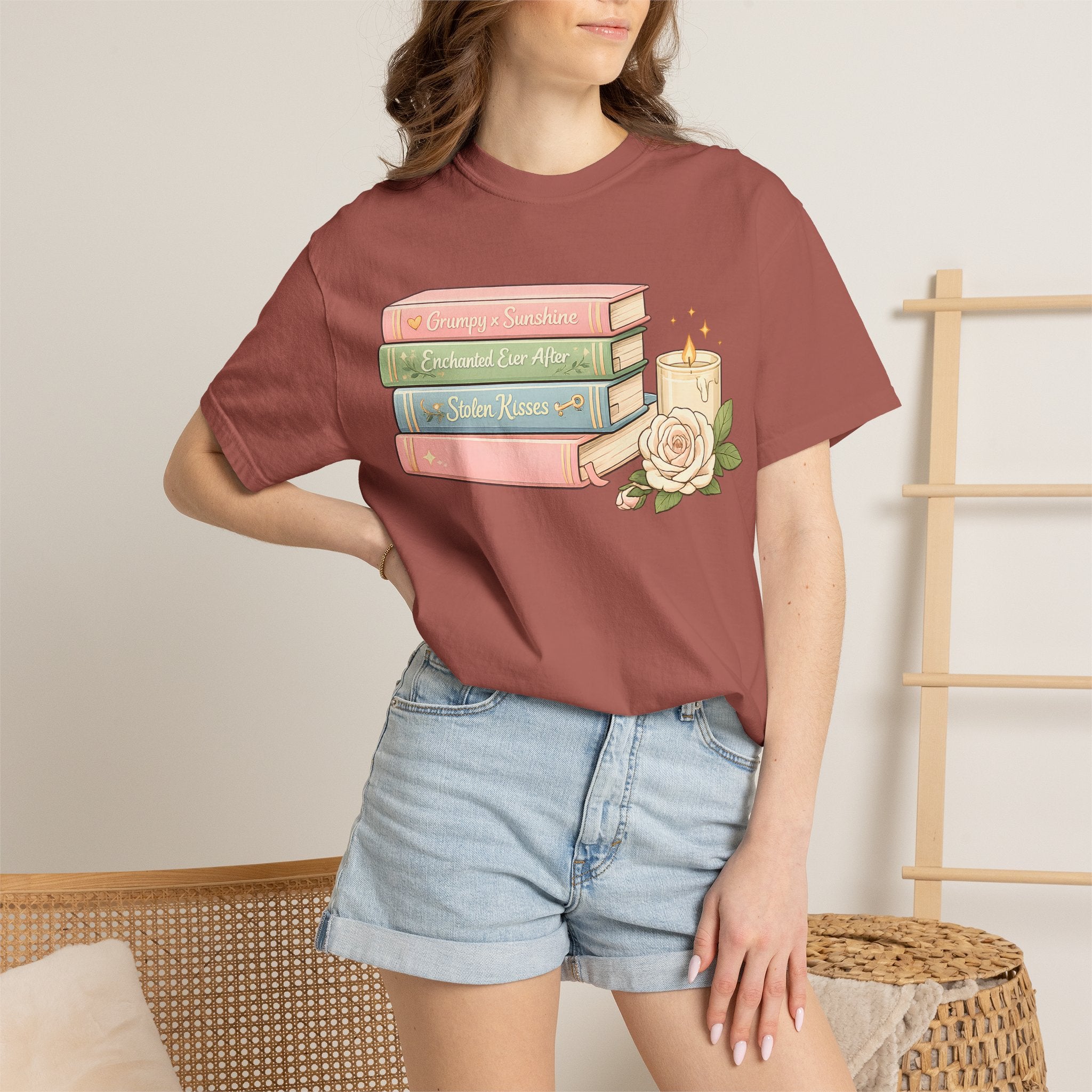 Cozy Bookstack Tee — Pastel Books, Candle & Rose Graphic T‑Shirt