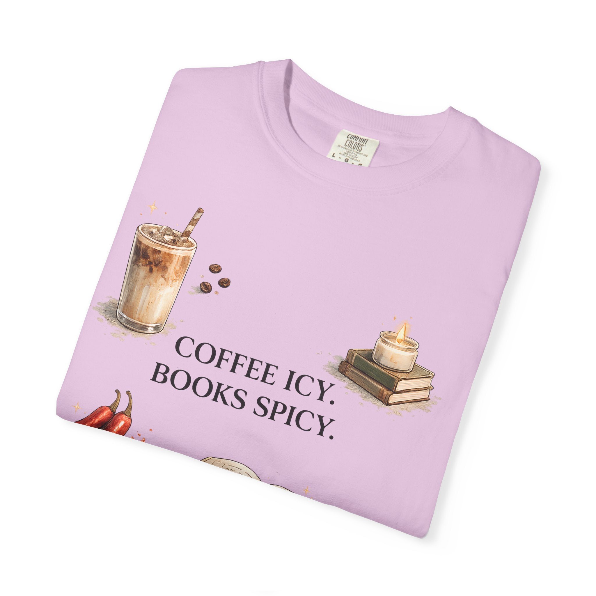 Coffee Icy, Books Spicy T-Shirt — Literary Coffee Lover Tee