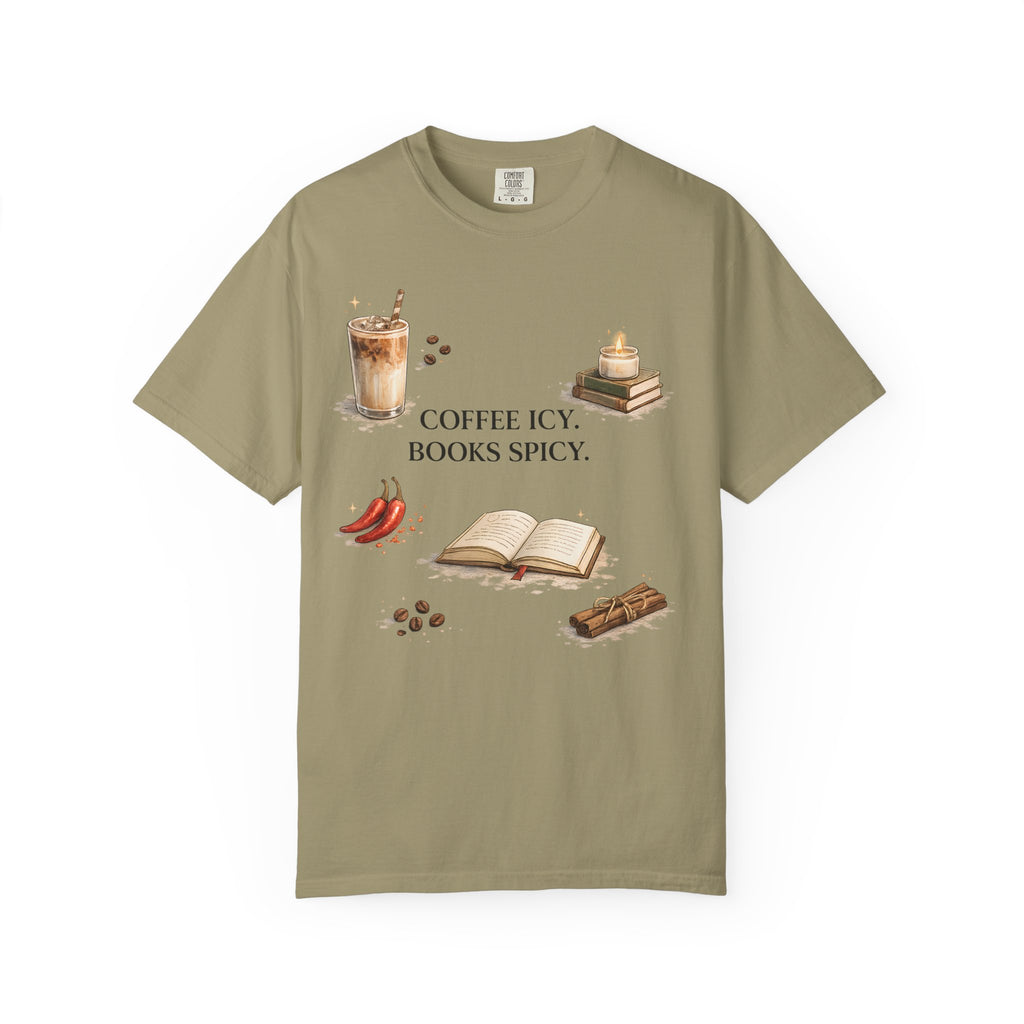 Coffee Icy, Books Spicy T-Shirt — Literary Coffee Lover Tee