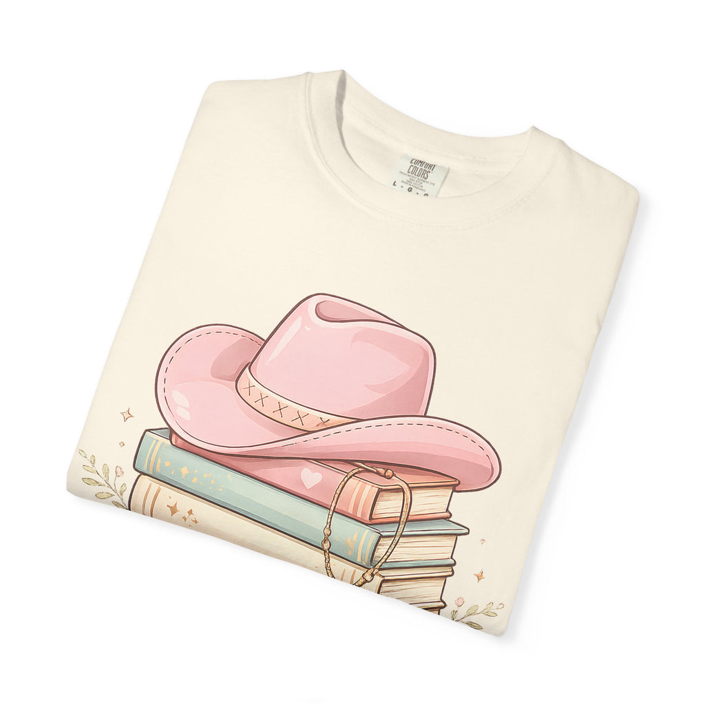 Cowgirl Booklover T-Shirt — "As Too Many Books" Stack with Pink Cowboy Hat