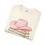 Cowgirl Booklover T-Shirt — "As Too Many Books" Stack with Pink Cowboy Hat