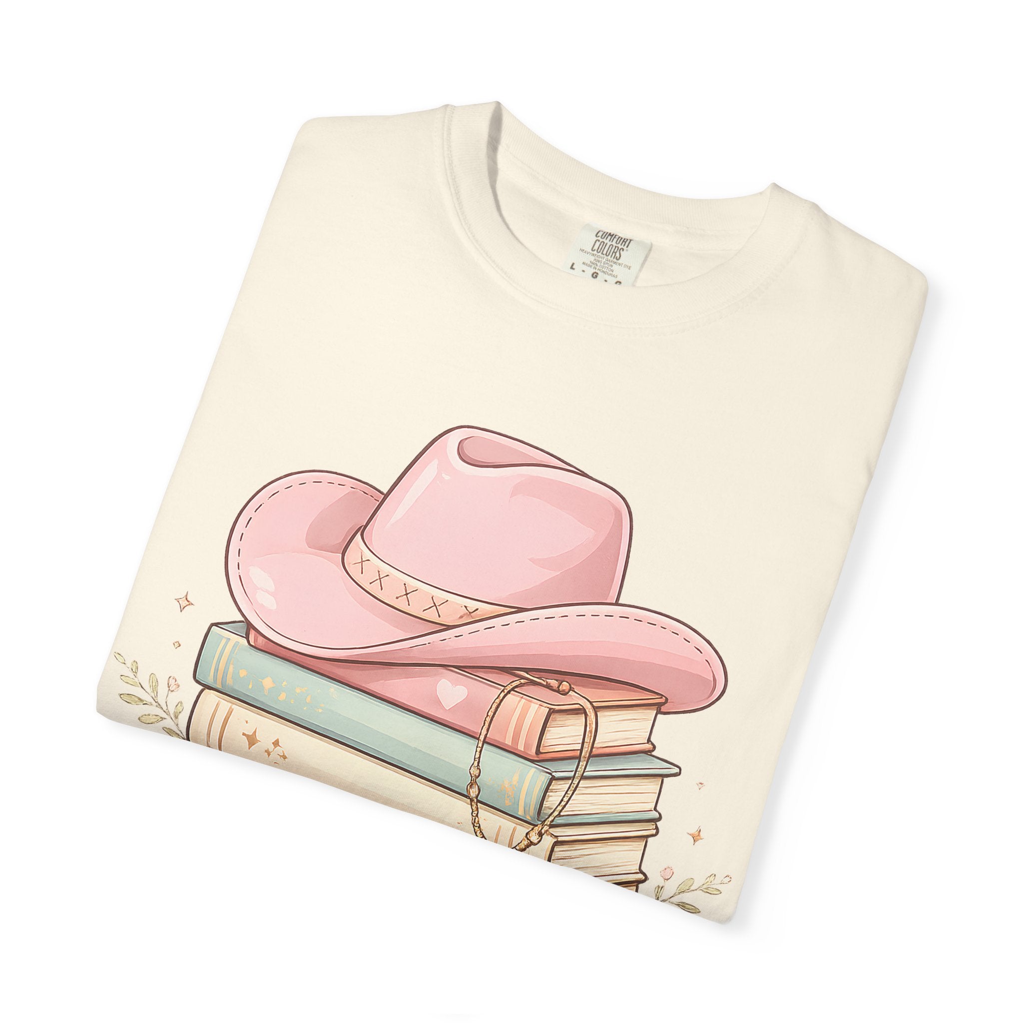 Cowgirl Booklover T-Shirt — "As Too Many Books" Stack with Pink Cowboy Hat