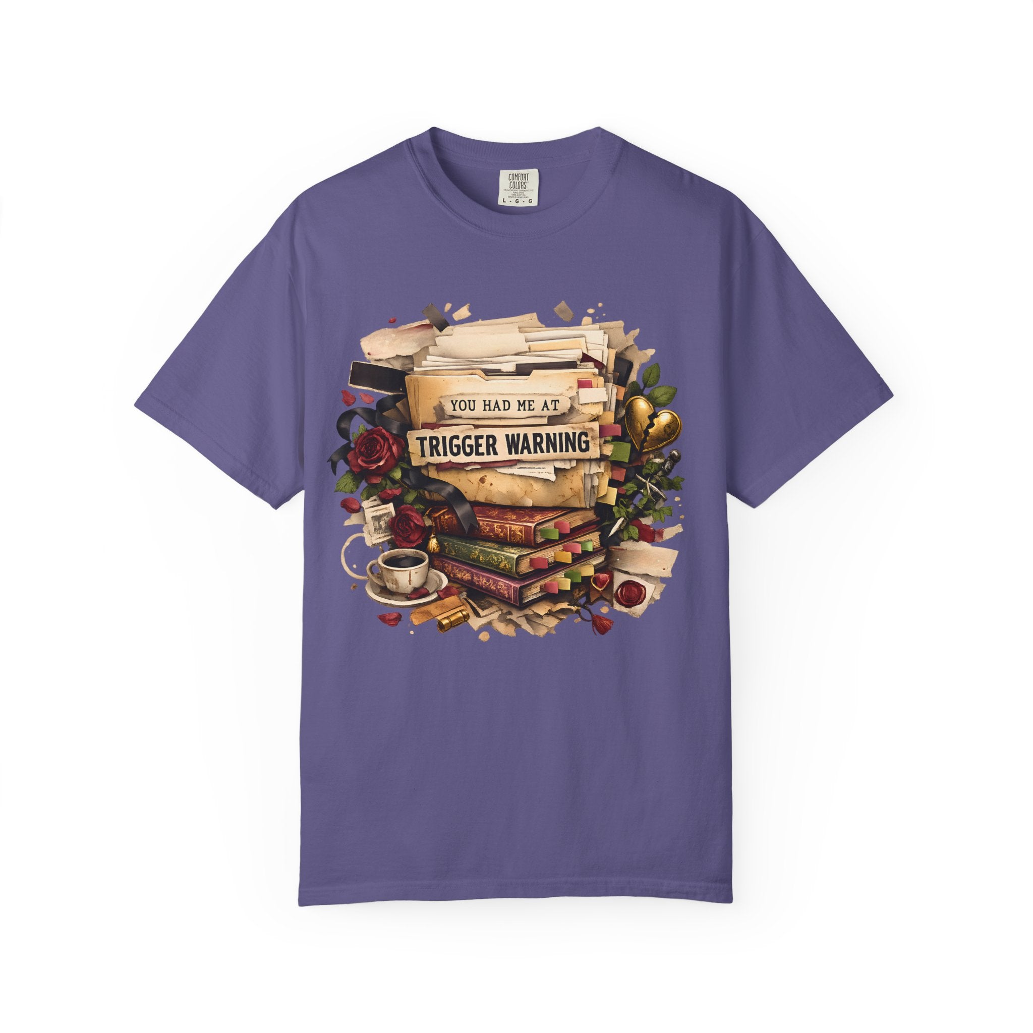 Book Lover T-Shirt — "You Had Me at Trigger Warning" Vintage Stack Design