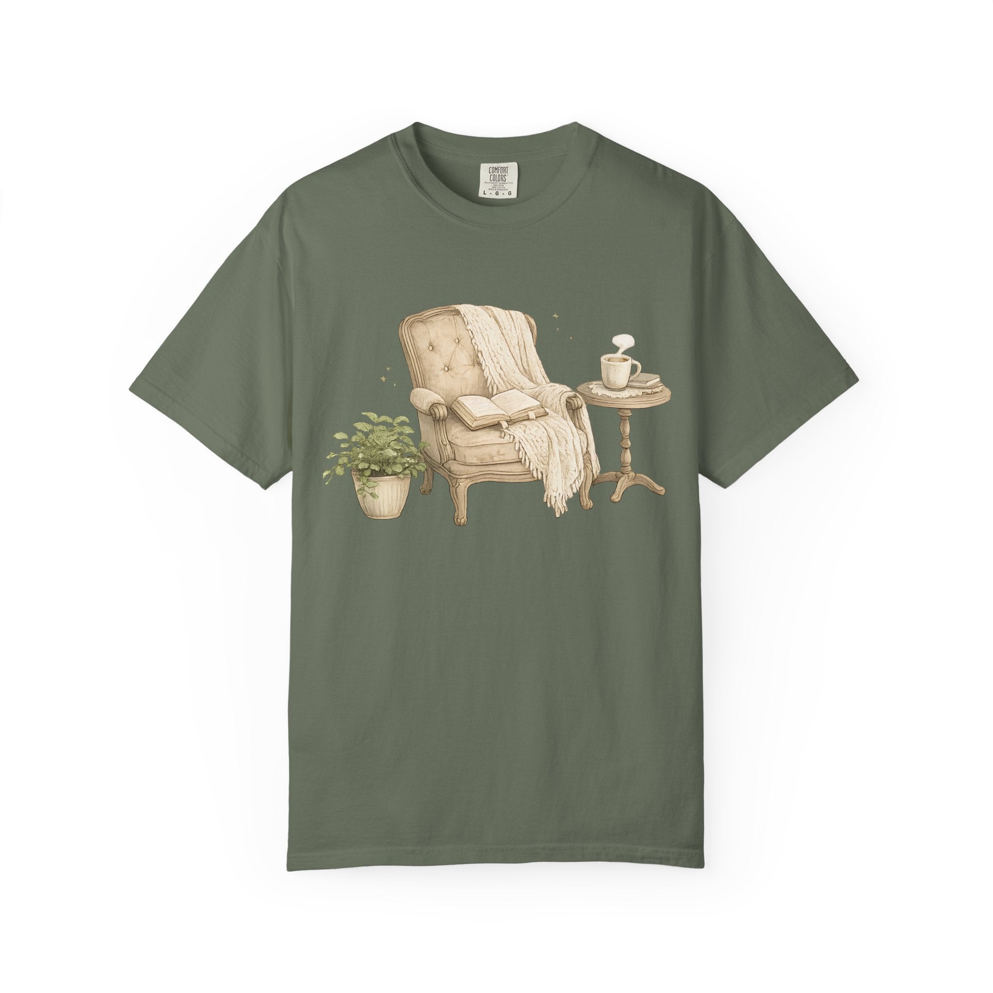 Cozy Reading Nook T-Shirt — Armchair, Blanket & Coffee Graphic