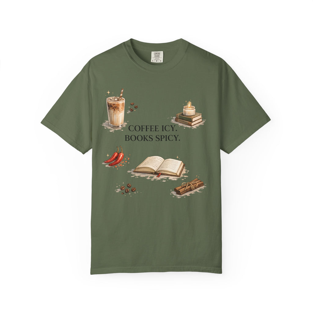 Coffee Icy, Books Spicy T-Shirt — Literary Coffee Lover Tee