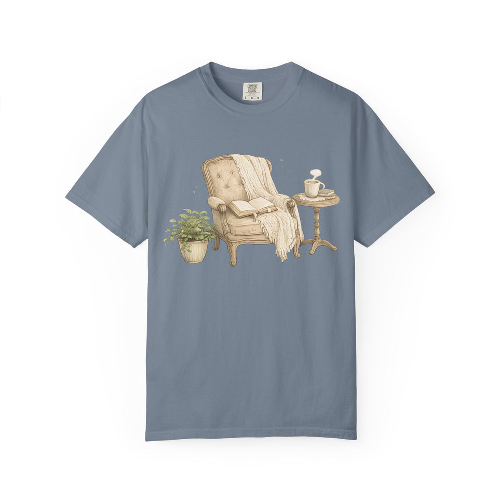 Cozy Reading Nook T-Shirt — Armchair, Blanket & Coffee Graphic