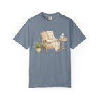 Cozy Reading Nook T-Shirt — Armchair, Blanket & Coffee Graphic