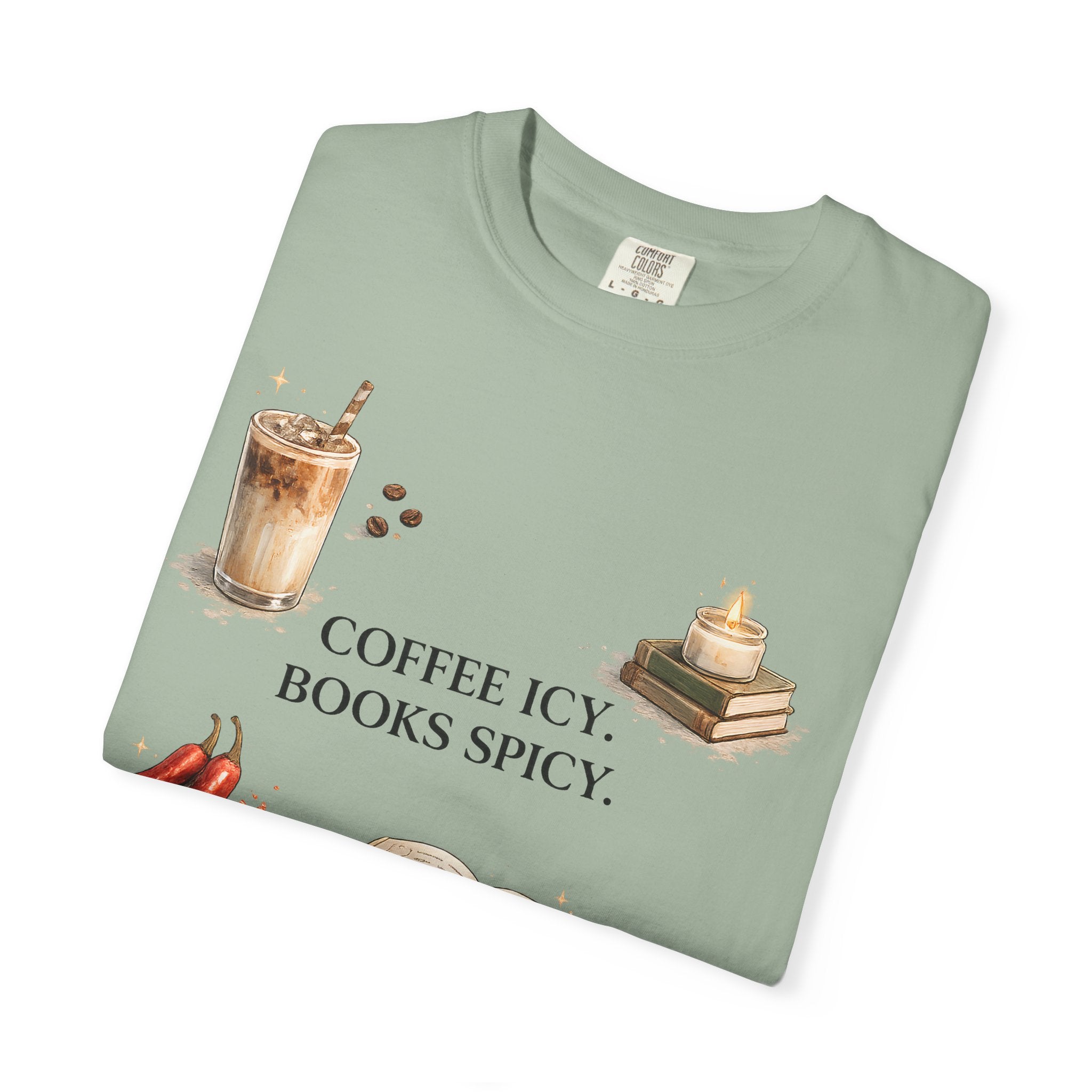 Coffee Icy, Books Spicy T-Shirt — Literary Coffee Lover Tee