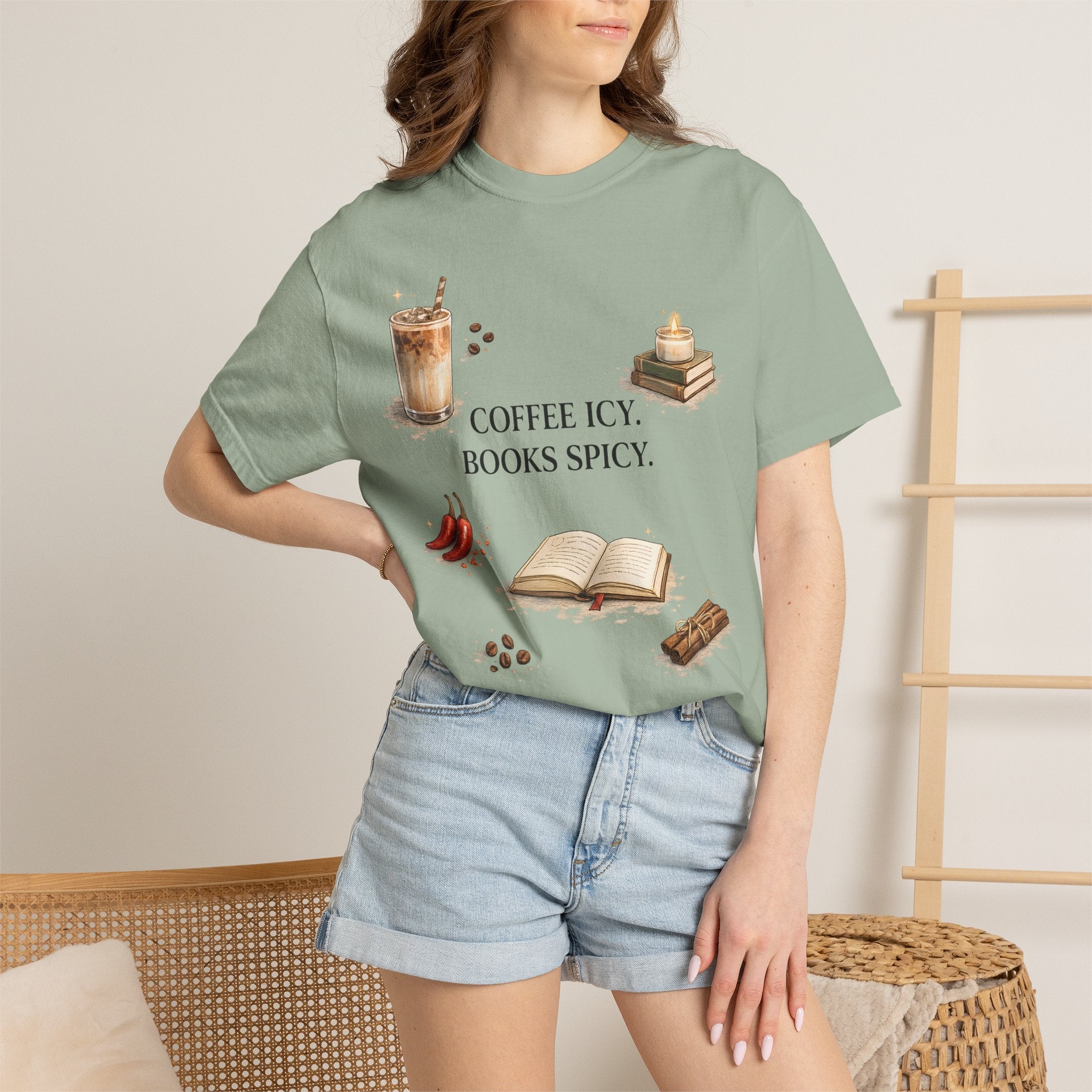 Coffee Icy, Books Spicy T-Shirt — Literary Coffee Lover Tee