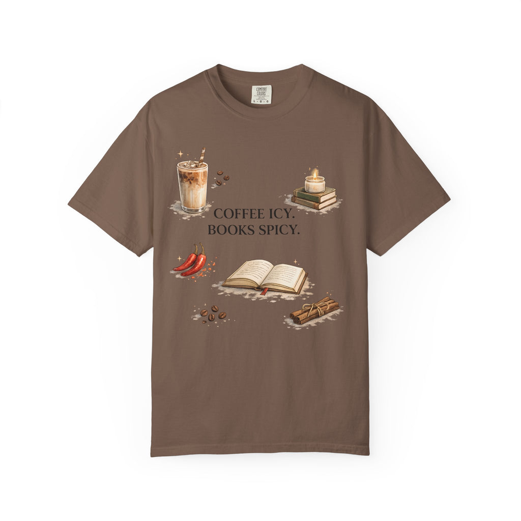 Coffee Icy, Books Spicy T-Shirt — Literary Coffee Lover Tee