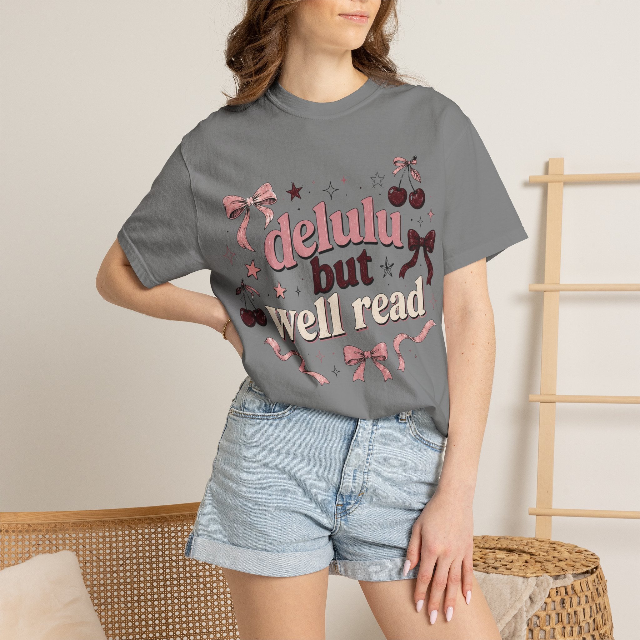T-Shirt — “Delulu But Well Read” Cute Cherry & Bow Graphic Tee