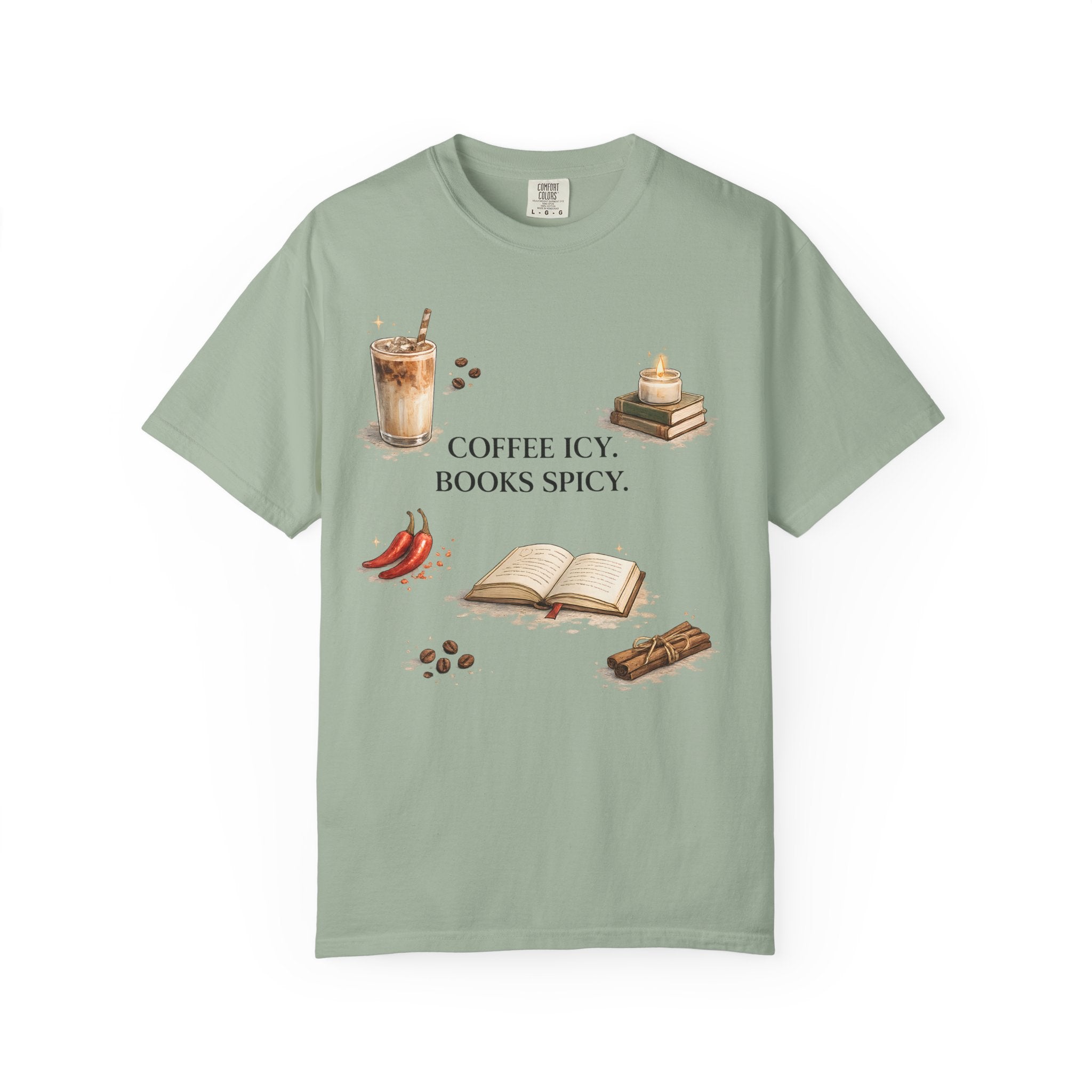 Coffee Icy, Books Spicy T-Shirt — Literary Coffee Lover Tee