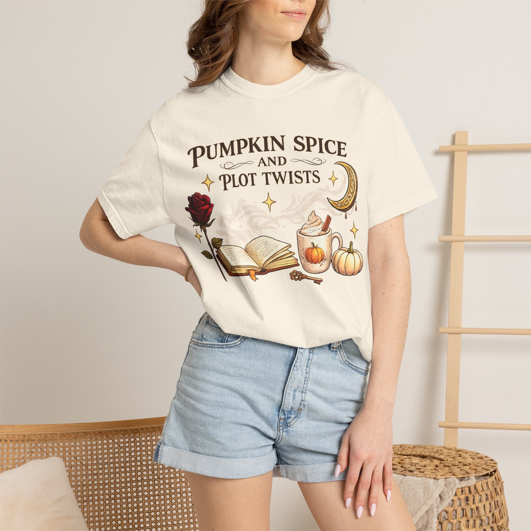 Pumpkin Spice and Plot Twists T-Shirt: Vintage Autumn Flatlay Graphic Tee