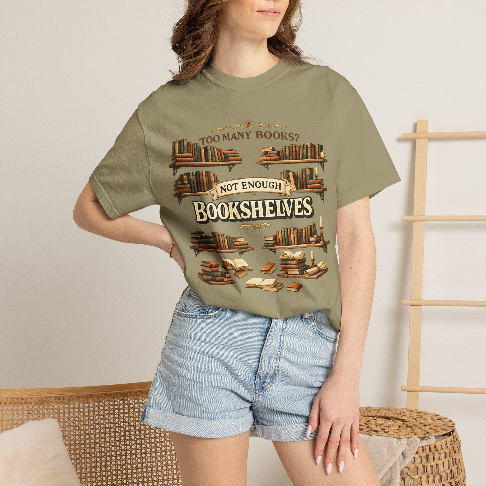 Bookshelf T-Shirt — "Too Many Books? Not Enough Bookshelves" Reader Shirt