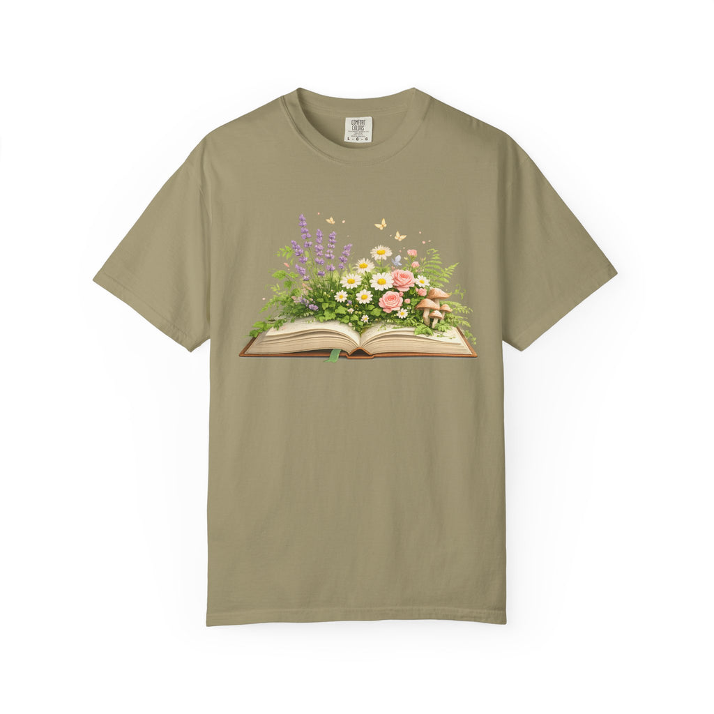 Floral Open Book T-Shirt — Botanical Reading Tee for Gardeners & Book Lovers