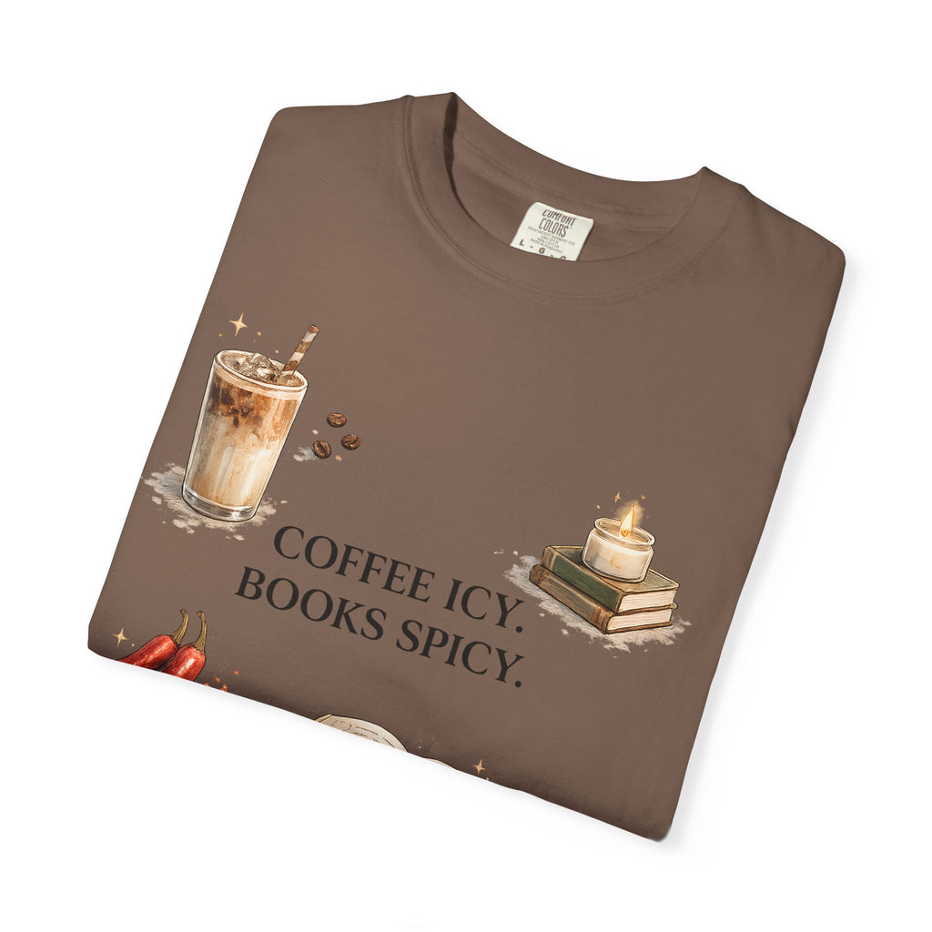 Coffee Icy, Books Spicy T-Shirt — Literary Coffee Lover Tee