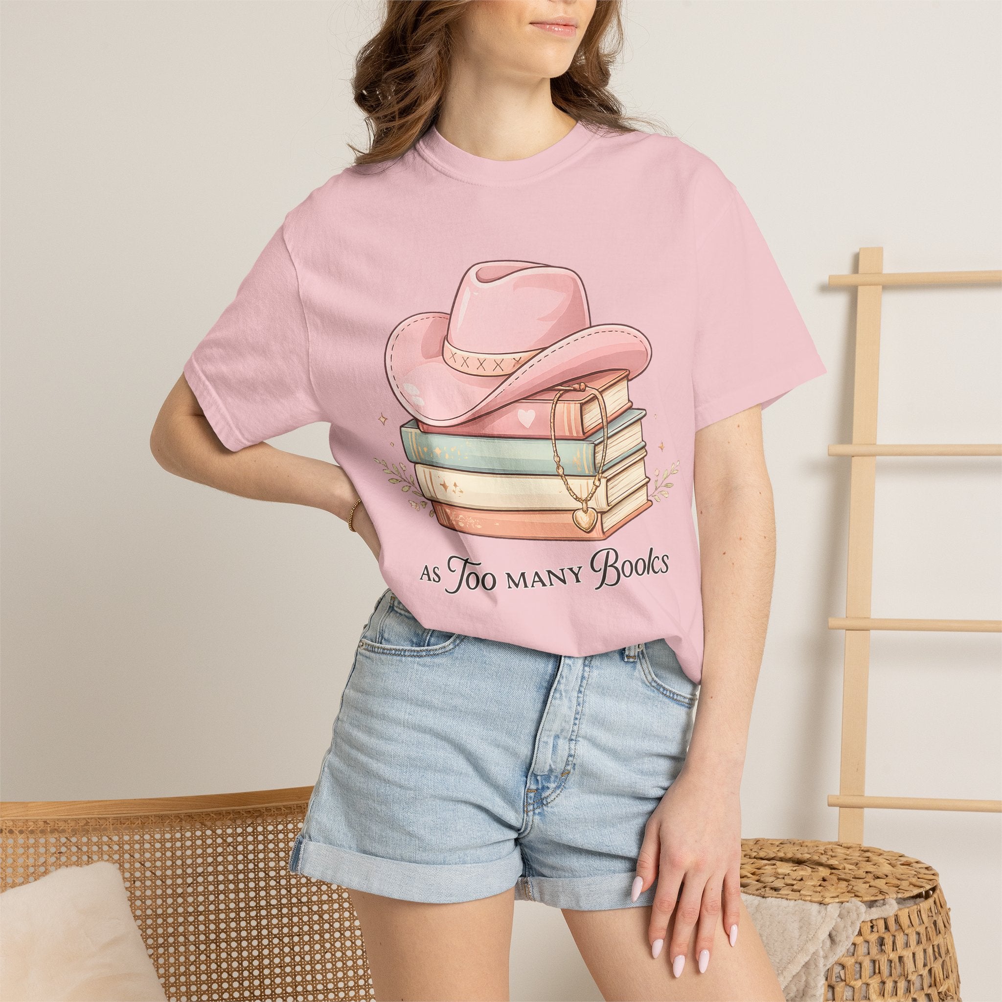 Cowgirl Booklover T-Shirt — "As Too Many Books" Stack with Pink Cowboy Hat
