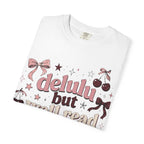 T-Shirt — “Delulu But Well Read” Cute Cherry & Bow Graphic Tee
