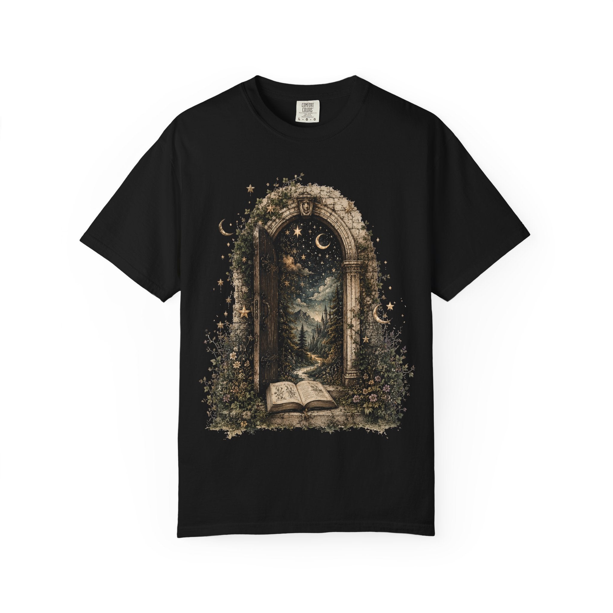 Mystic Portal T-Shirt — Moonlit Forest & Open Book Graphic