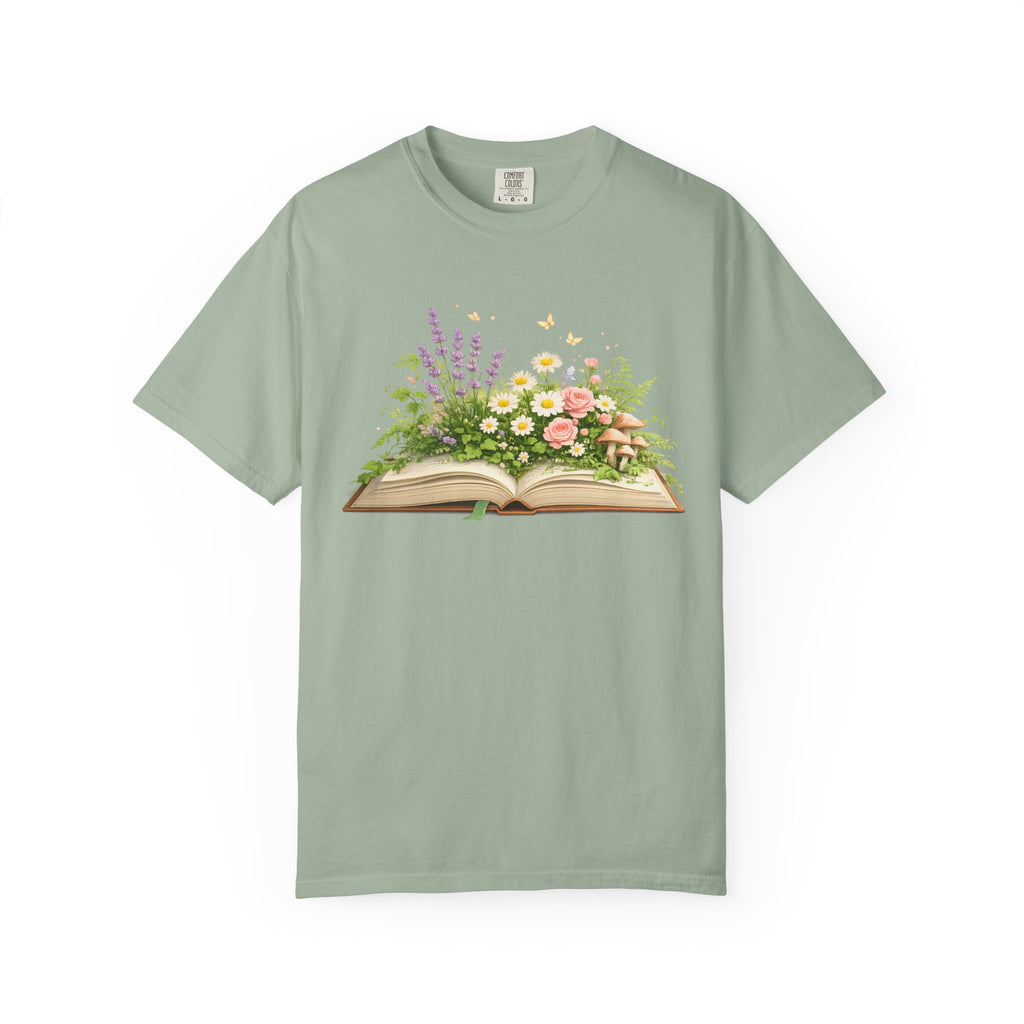 Floral Open Book T-Shirt — Botanical Reading Tee for Gardeners & Book Lovers