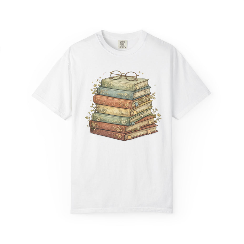 Vintage Stack of Books T-Shirt — Literary Reader Tee with Glasses Design