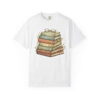 Vintage Stack of Books T-Shirt — Literary Reader Tee with Glasses Design